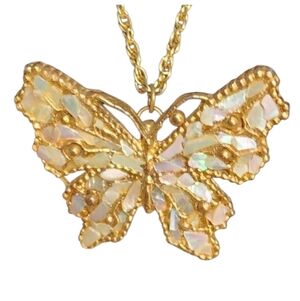 Mother of Pearl & Goldtone Butterfly Pendant/Brooch with Chain